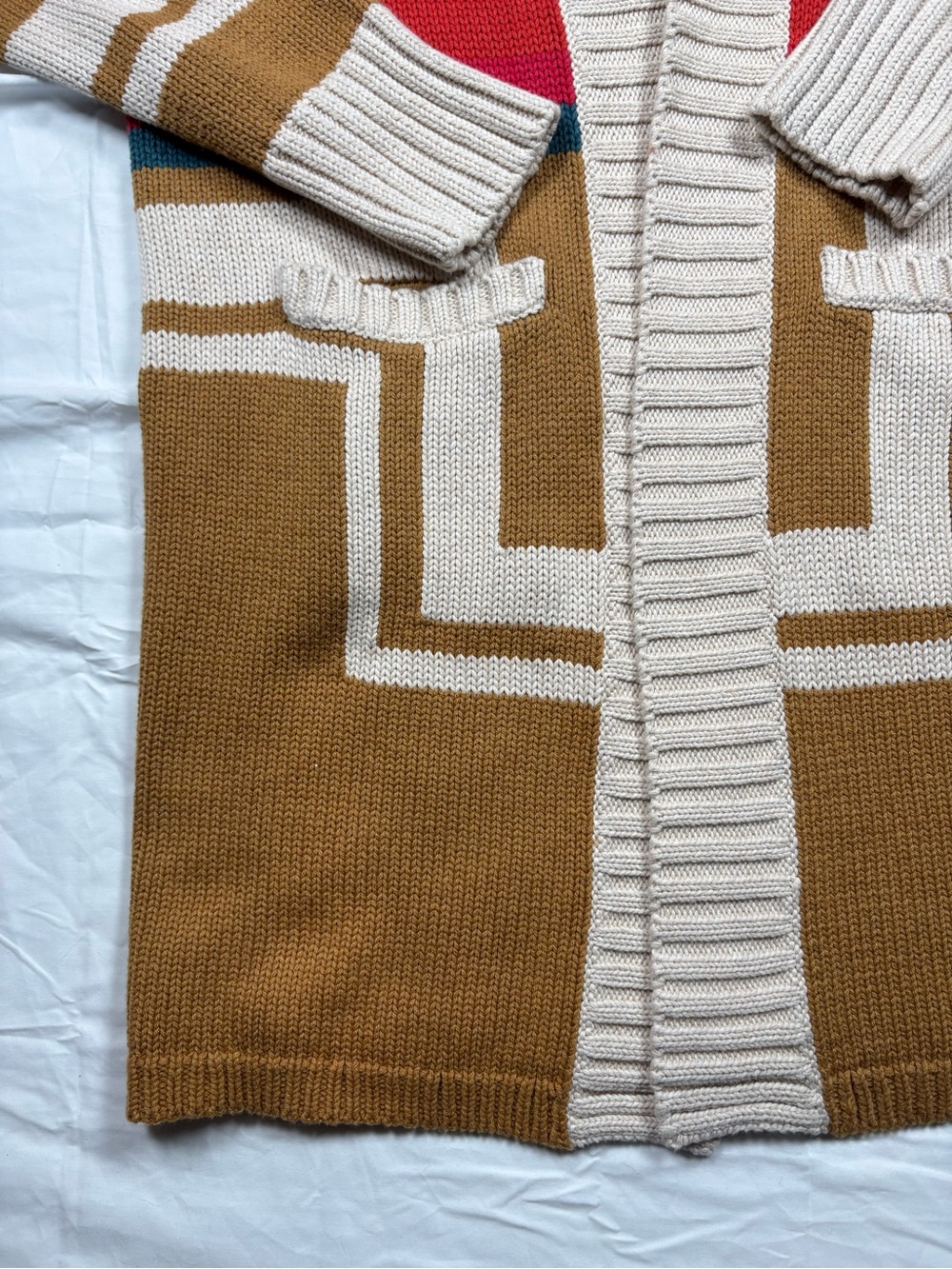 Pendleton Camel Shawl-Collar Cardigan with Red and Teal Stripe Accents - Picture 3 of 12
